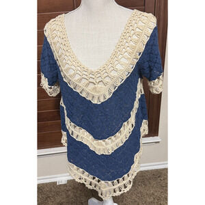 Umgee USA Crochet sweater Navy blue & cream boho hippie sz M